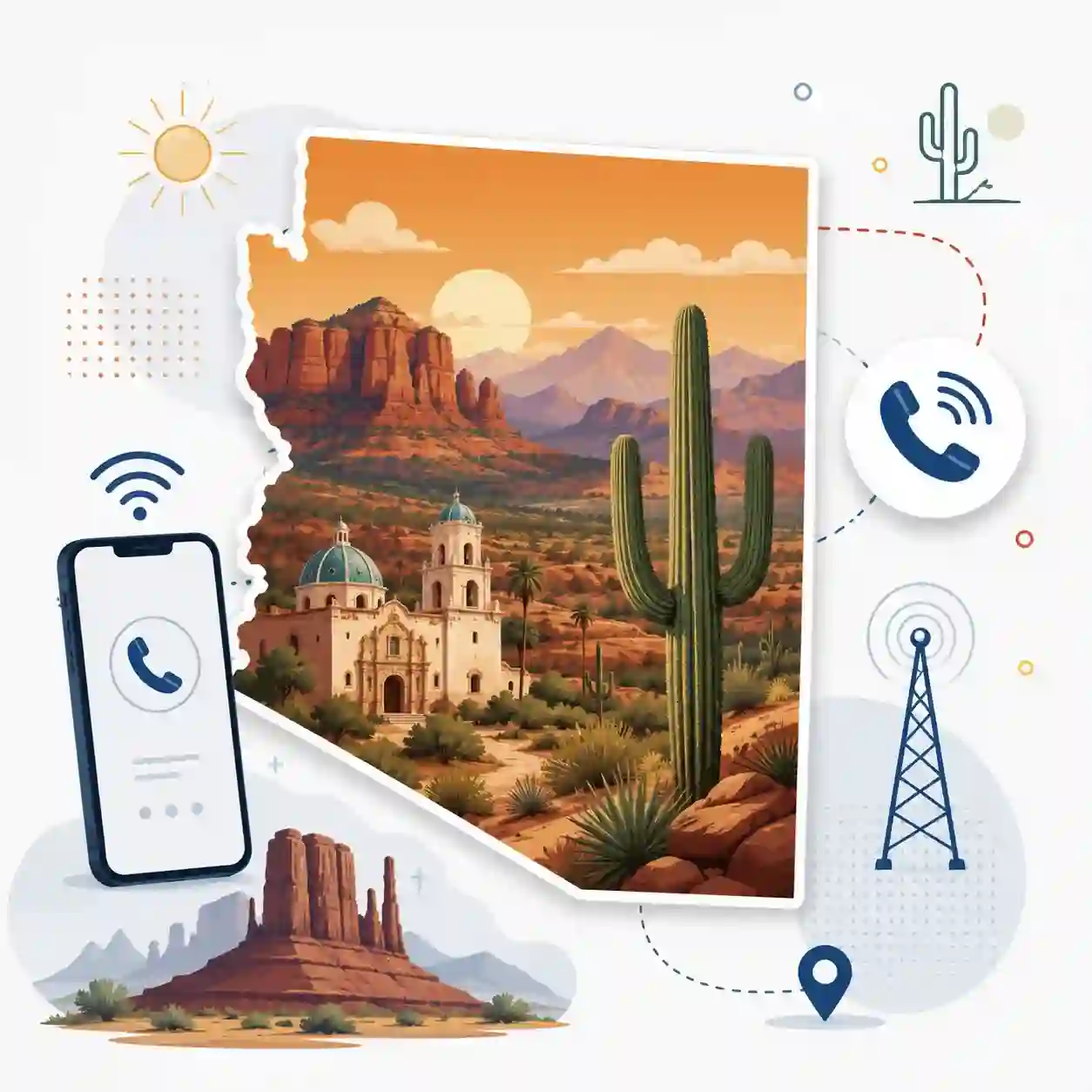 Arizona state map with icons for mobile, office, remote team and call center connected to a central phone pin